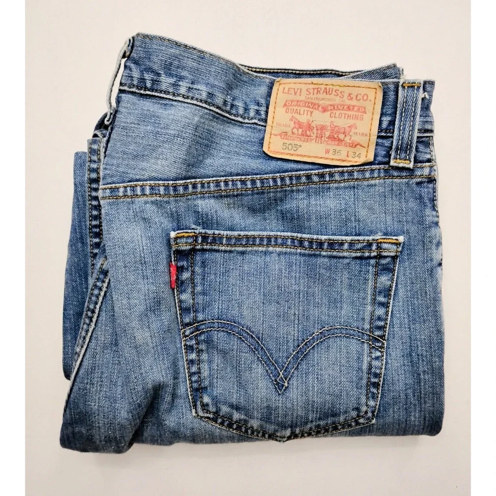 Levi's 505 Mens Regular Fit Jeans 36x29 Medium Blue Wash Denim Hemmed